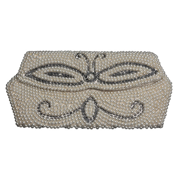 Handmade Handbags - Vintage Pearl Beaded Clutch Handmade Japan Mid Century 8x4 Ivory Butterfly Snap